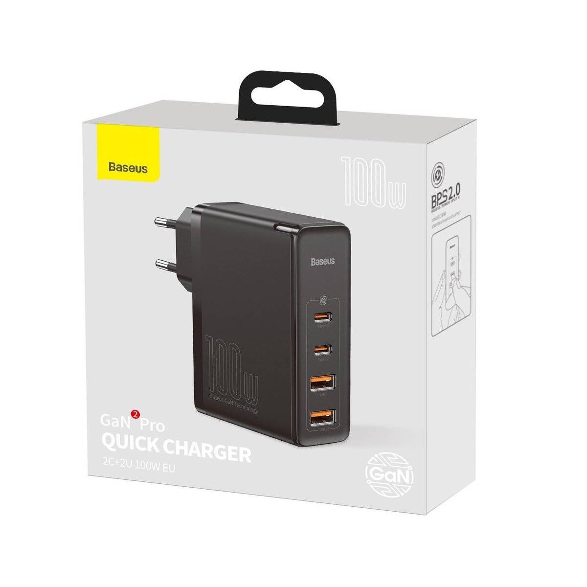 Reiseladegerät Baseus GaN2 Pro Quick 2x USB + 2x USB-C, 100W, EU (Schwarz)