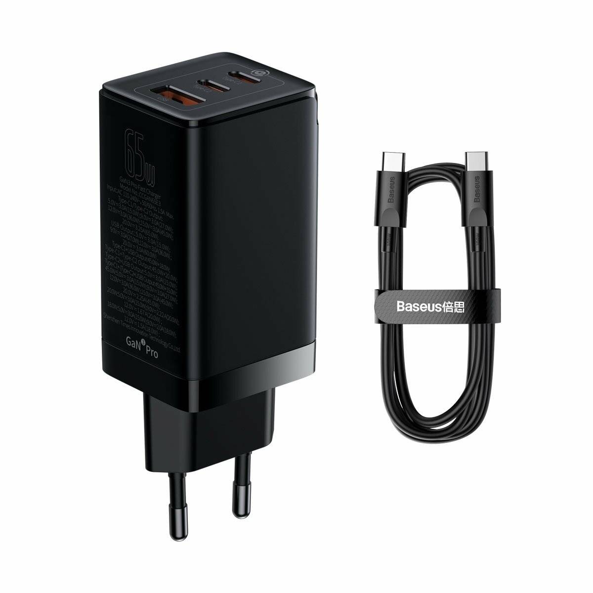 Baseus GaN3 Pro Schnell GaN-Ladegerät 2 x USB Typ C / USB 65W PD3.0, QC4.0+ AFC schwarz + USB Typ C - USB Typ C Kabel 1m