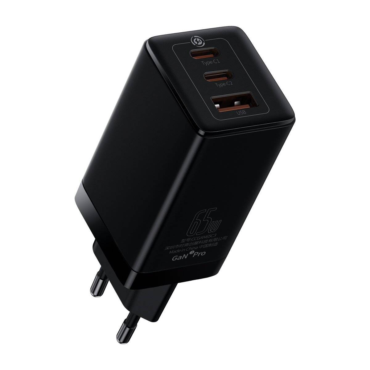 Baseus GaN3 Pro Schnell GaN-Ladegerät 2 x USB Typ C / USB 65W PD3.0, QC4.0+ AFC schwarz + USB Typ C - USB Typ C Kabel 1m
