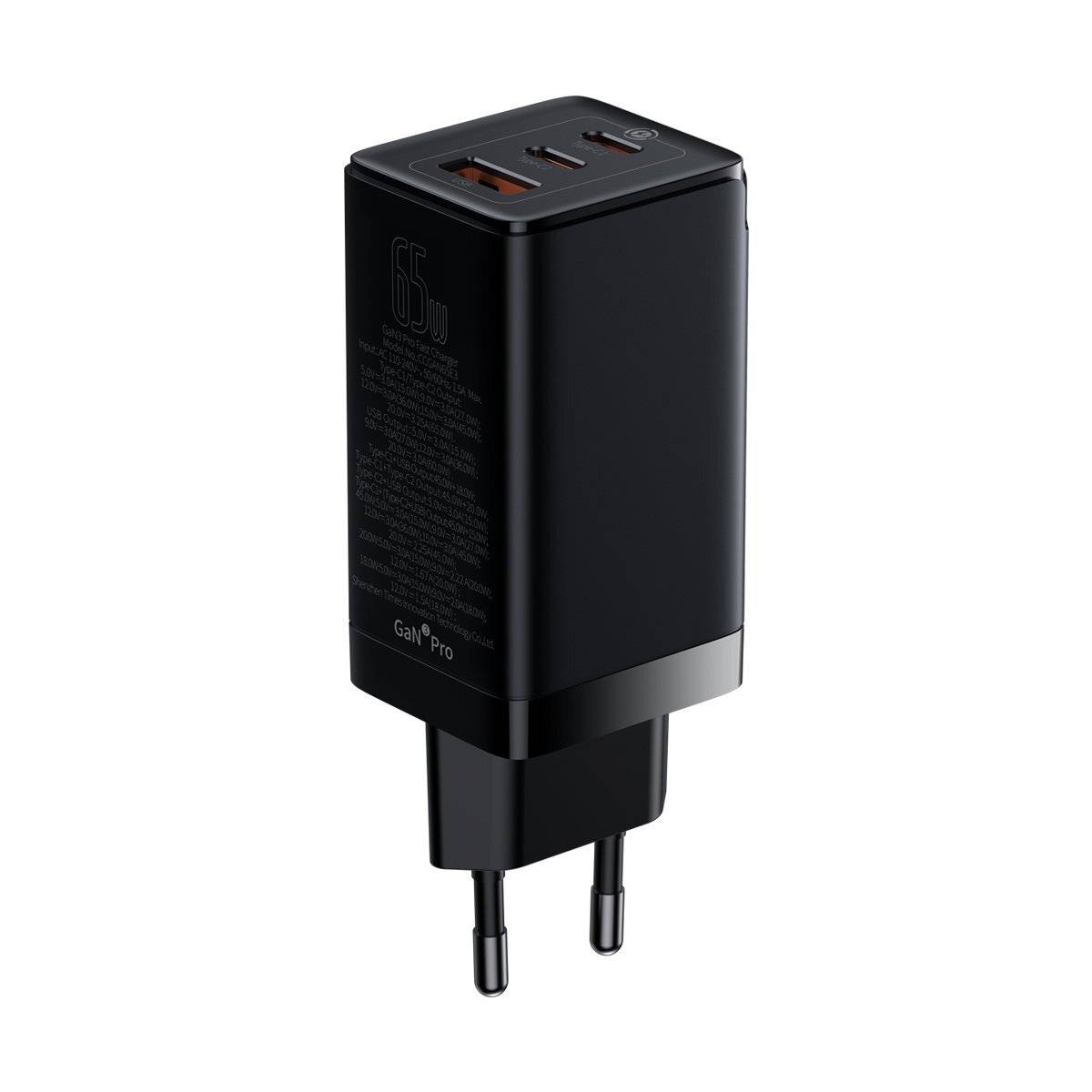 Baseus GaN3 Pro Schnell GaN-Ladegerät 2 x USB Typ C / USB 65W PD3.0, QC4.0+ AFC schwarz + USB Typ C - USB Typ C Kabel 1m