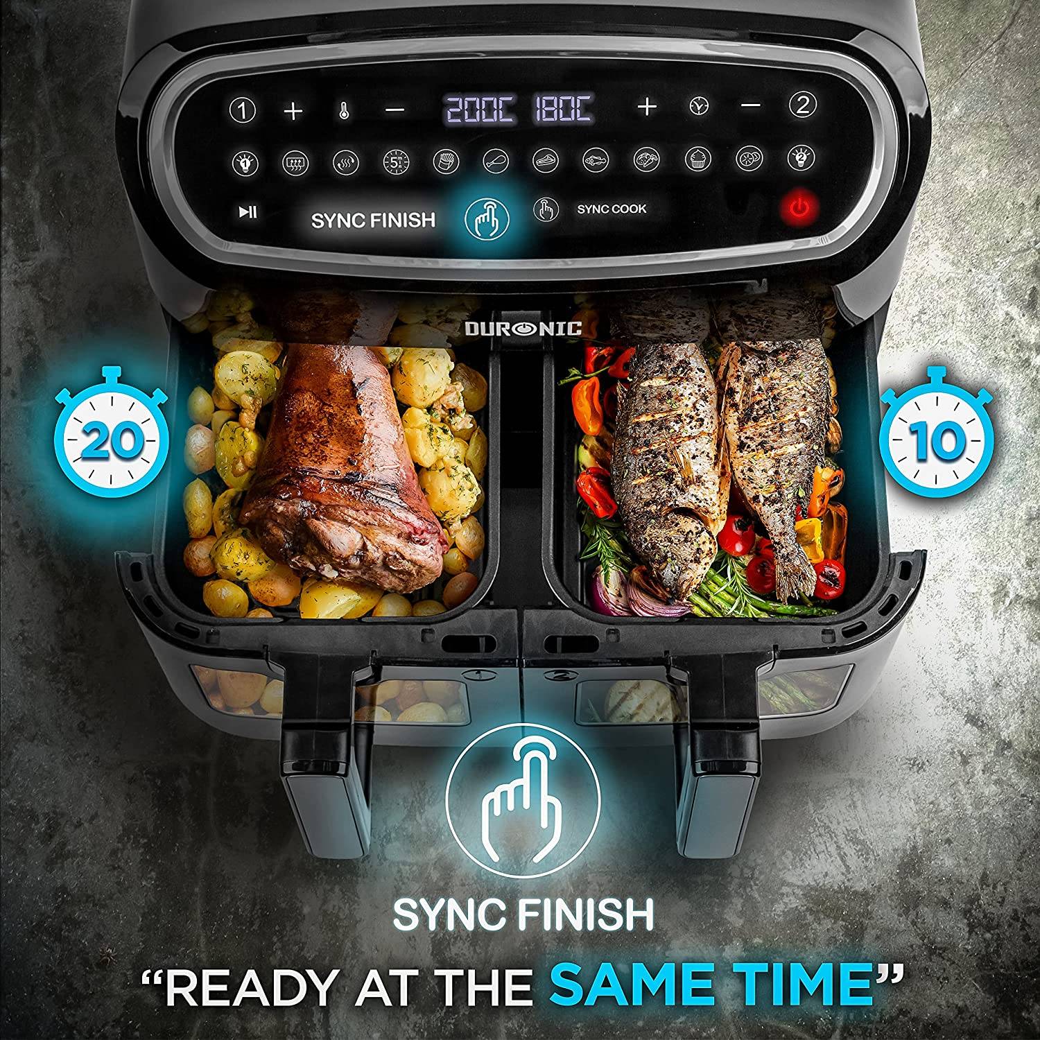 Duronic AF34 Heißluftfritteuse | Doppel-Fritteuse mit 2 x 4,5 Liter und 10 Liter Volumen | 10 Programme | Touch Control