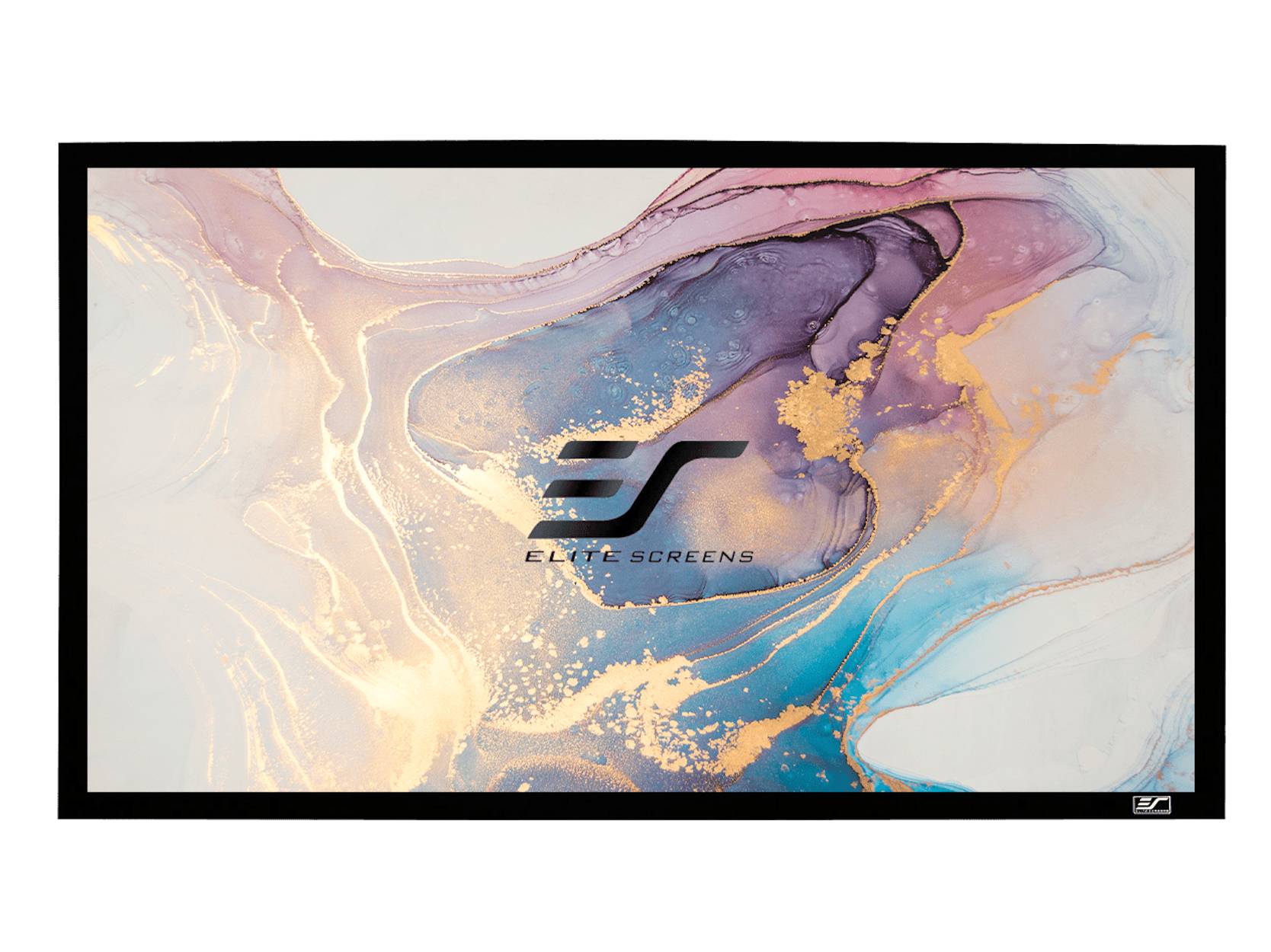 Abstrakter Pastellmarmor-Hintergrund mit dem Elite Screens-Logo in der Mitte über blauen, violetten und goldenen Flüssigkeitsformen.