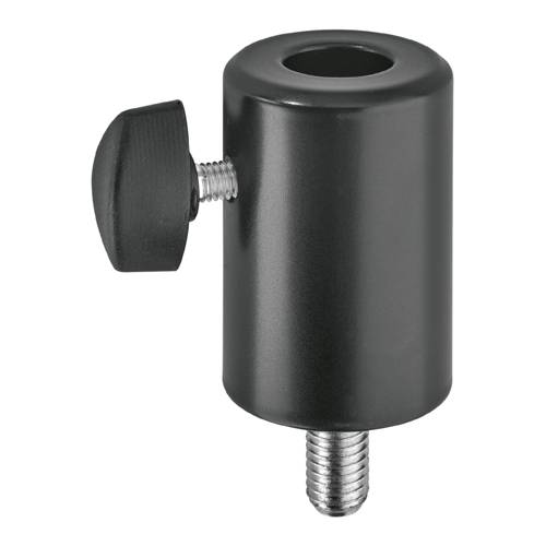 Ein schwarzer Adapter mit zylindrischer Form, Flügelschraube an der Seite und Metallgewindebohrer am unteren Ende, zum Befestigen von Komponenten verwendet.