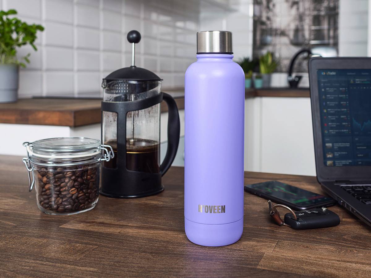 Noveen TB413 Thermoflasche Trinkflasche 500 ml für heiße und kalte Getränke Edelstahl Hellviolett Matt