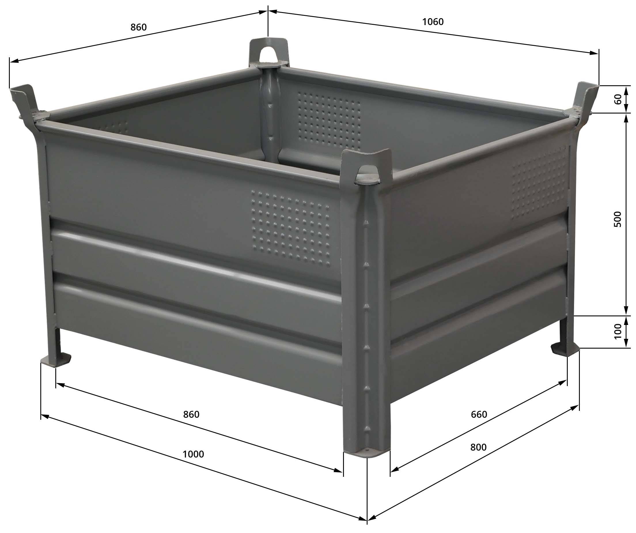 Schake Vollwandbehälter, Gr. 1,00 m x 0,80 m, Tragkraft: 1,5 t | Ausführung: feuerverzinkt