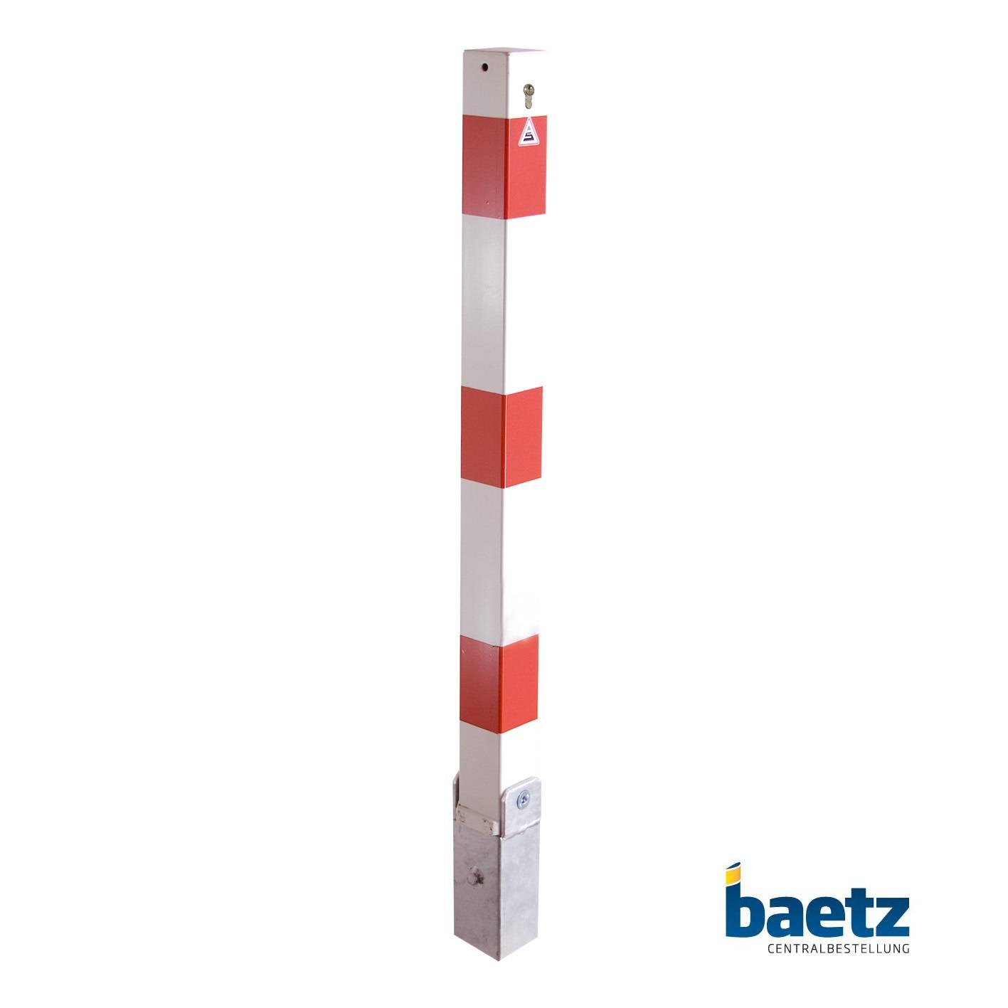 Absperrpfosten, 70 mm x 70 mm, umlegbar, Profilzylinderschloss, Hebe- Kippmechanik Beschaffenheit: feuerverzinkt, weiß beschichtet, rot reflekt