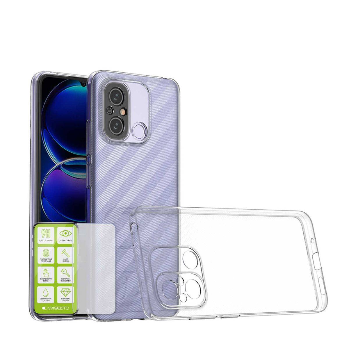 Für Xiaomi Redmi 11A / 12C / Poco C55 Silikoncase TPU Transparent + 0,26 H9 Glas Handy Tasche Hülle Schutz Cover