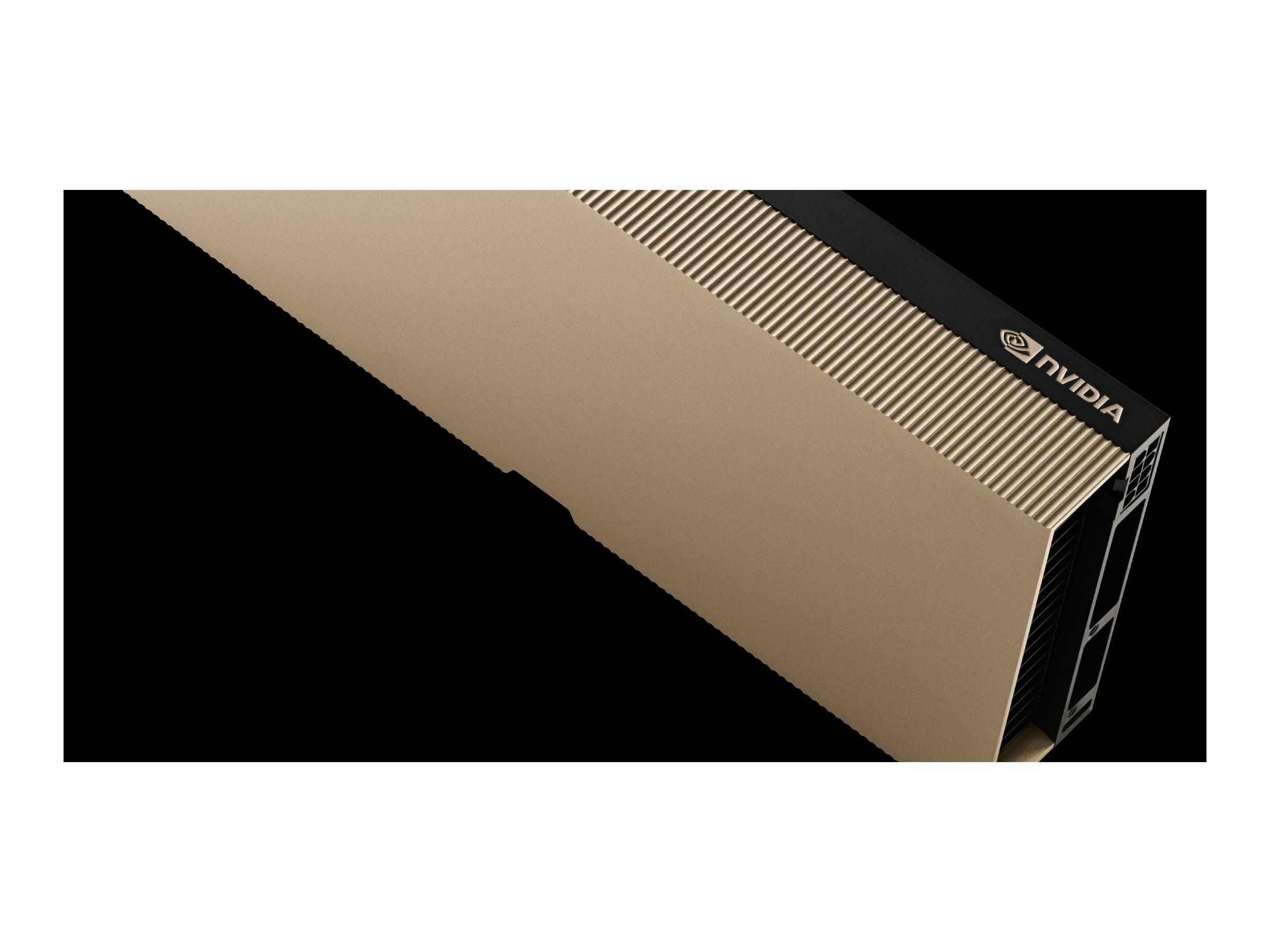 NVIDIA-Grafikkarte in einer schwarz-goldenen Produktdarstellung, diagonal auf einem einfachen Hintergrund angewinkelt.