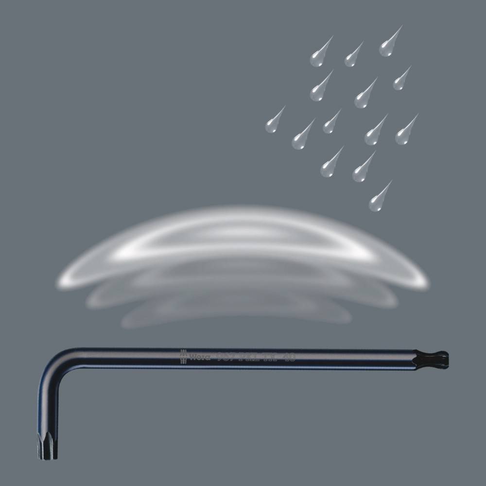 Ein dunkelblauer Torx-Schraubendreher unter einem weichen, transparenten kissenähnlichen Objekt, umgeben von Wassertropfen, was eine mögliche Wasserdichtigkeit veranschaulicht.