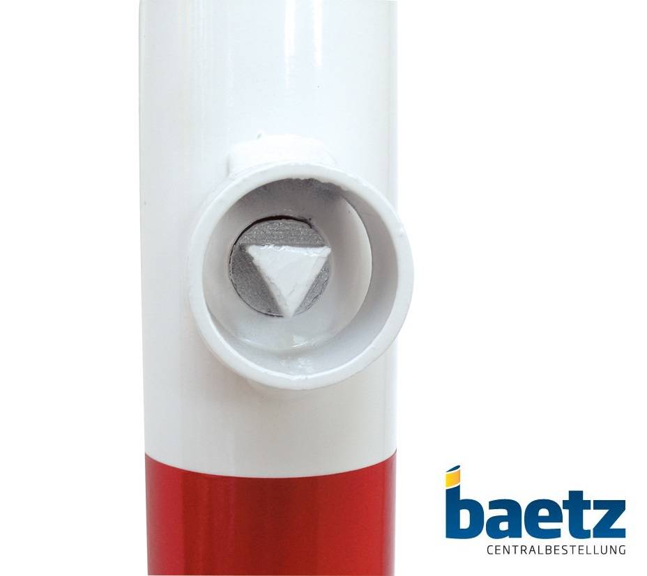Absperrpfosten, Ø 60 mm, herausnehmbar, mit Dreikantverschluss Beschaffenheit: feuerverzinkt, weiß beschichtet, rot reflekt. Leuchtstreifen, Ösen: