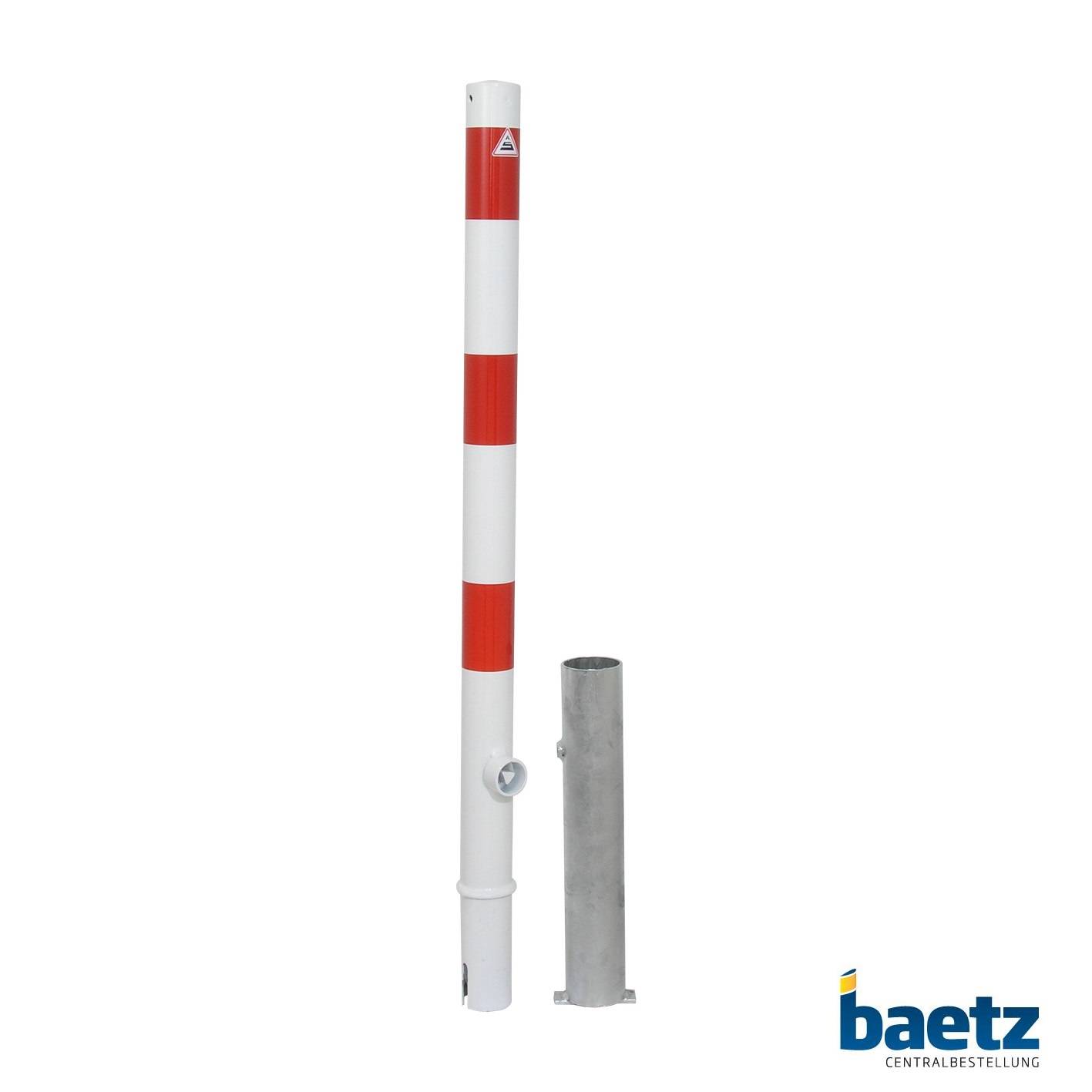 Absperrpfosten, Ø 60 mm, herausnehmbar, mit Dreikantverschluss Beschaffenheit: feuerverzinkt, weiß beschichtet, rot reflekt. Leuchtstreifen, Ösen: