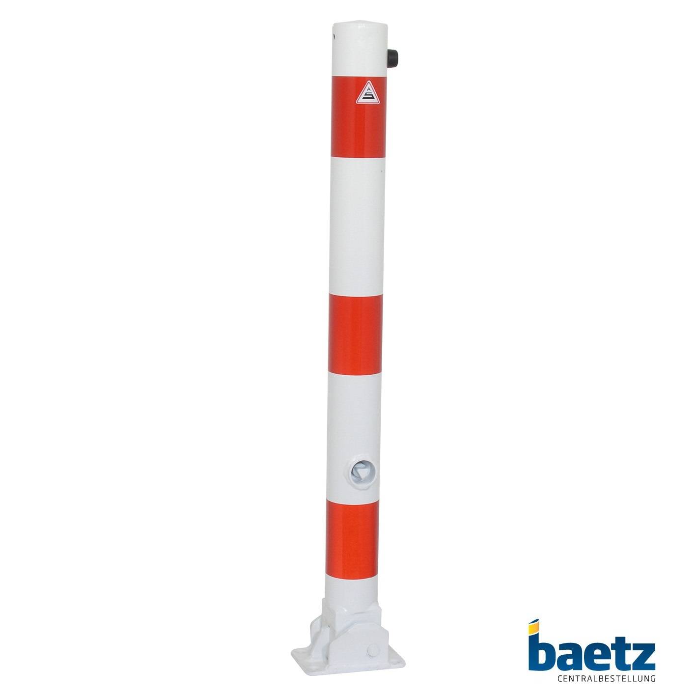 Absperrpfosten, Ø 76 mm, umlegbar, mit Dreikantverschluss Beschaffenheit: feuerverzinkt, weiß beschichtet, rot reflekt. Leuchtstreifen, Montageart: