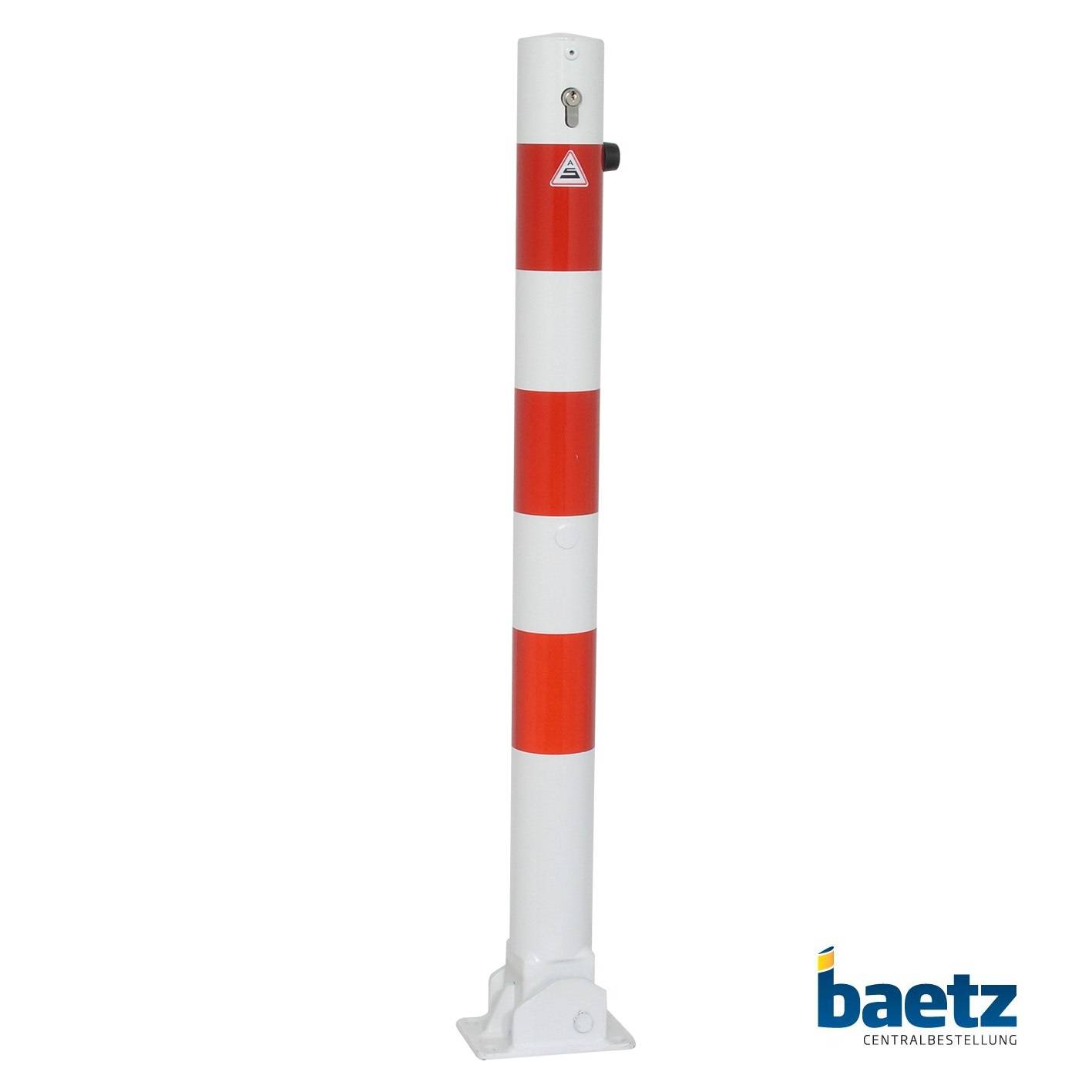 Absperrpfosten, Ø 76 mm, umlegbar, mit Profilzylinderschloss Beschaffenheit: feuerverzinkt, weiß beschichtet, rot reflekt. Leuchtstreifen, Montagear