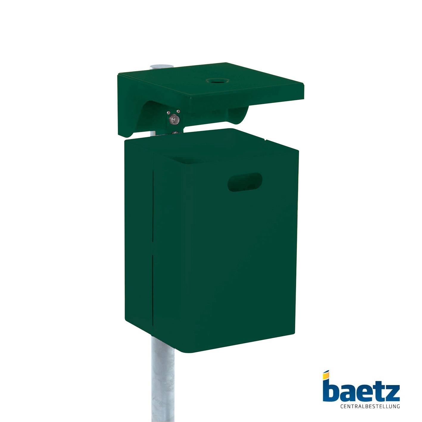 Abfallbehälter, Rechteck, mit Dach, inkl. Ascher, 40 Liter Abfallbehälter: mit Standpfosten, beschichtet, Ø 60 mm x 1300 mm