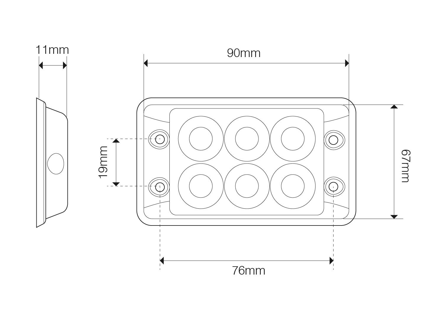LED Blitzmodul, LED-Farbe Gelb, 6 x 3 Watt LEDs, 11 mm Aufbauhöhe