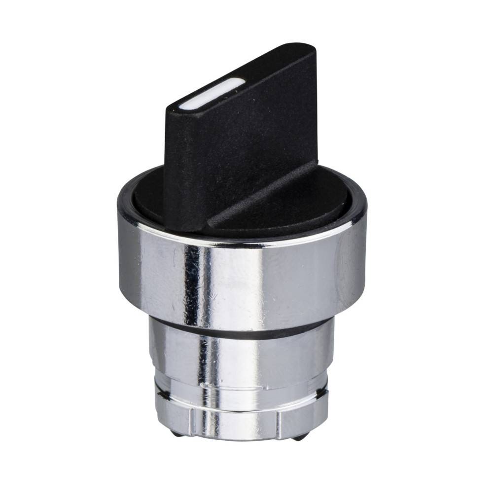 Ein glänzender, metallischer Kippschalter mit einem schwarzen Hebel in senkrechter Position, der in elektronischen oder mechanischen Geräten zur Ein-/Aus-Steuerung verwendet wird.