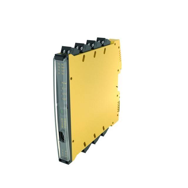 Gelbes Industrie-Elektronikmodul mit transparenter Seitenklappe und mehreren schwarzen Anschlussverbindern oben und unten, gezeigt auf weißem Hintergrund.