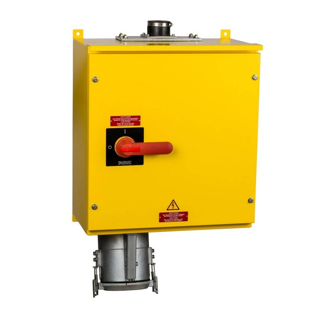 Eine gelbe industrielle elektrische Steuerungsbox mit einem roten Griff, beschriftet mit ‚EIN/AUS'. Ein Warnhinweis und ein Sicherheitssymbol sind auf der Vorderseite sichtbar.
