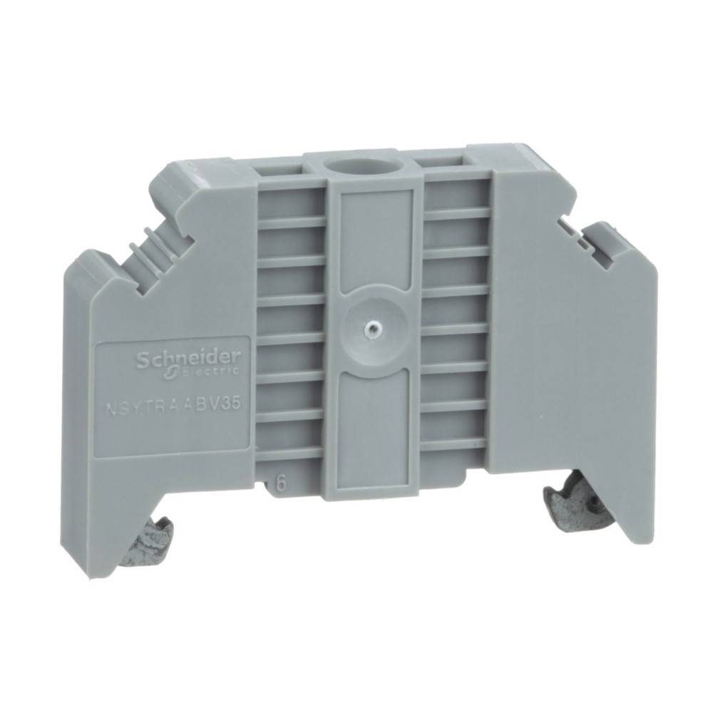 Ein grauer Terminalblock von Schneider Electric, Modellnummer NSYTRABV35. Er ist für industrielle elektrische Anwendungen konzipiert.