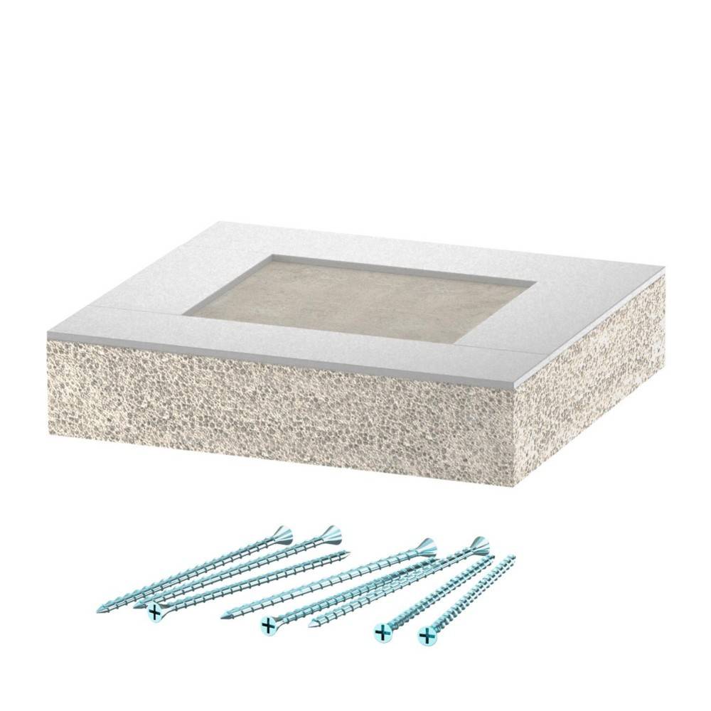 Ein rechteckiger Betonblock mit einer zurückgesetzten Mitte, zusammen mit sechs blauen Schrauben, die vermutlich für Montage- oder Bauzwecke vorgesehen sind.