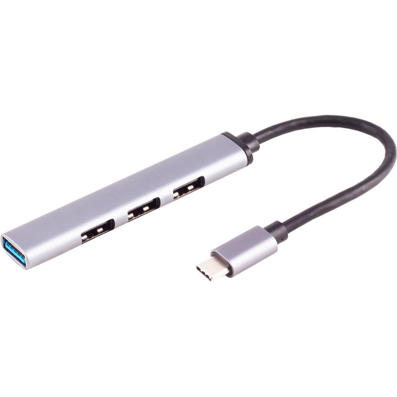Ein schlanker, metallischer USB-C-Hub mit drei USB-A-Anschlüssen und einem USB-C-Anschluss, der zur Erweiterung der Konnektivitätsoptionen für Geräte verwendet wird.