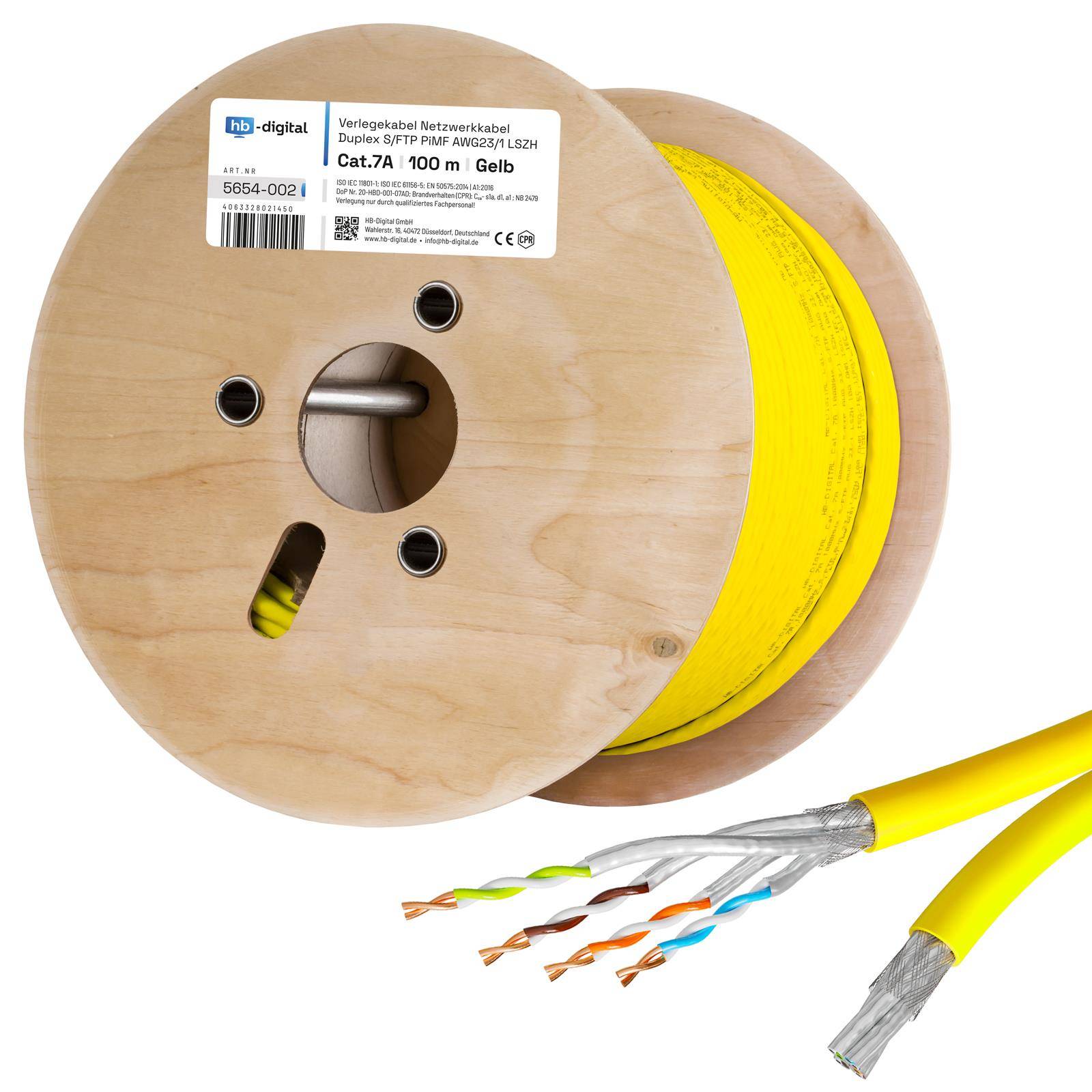 hb-digital Netzwerkkabel 100m Duplex CAT 7a Kabel max. 1200 MHz S/FTP AWG23 LSZH gelb