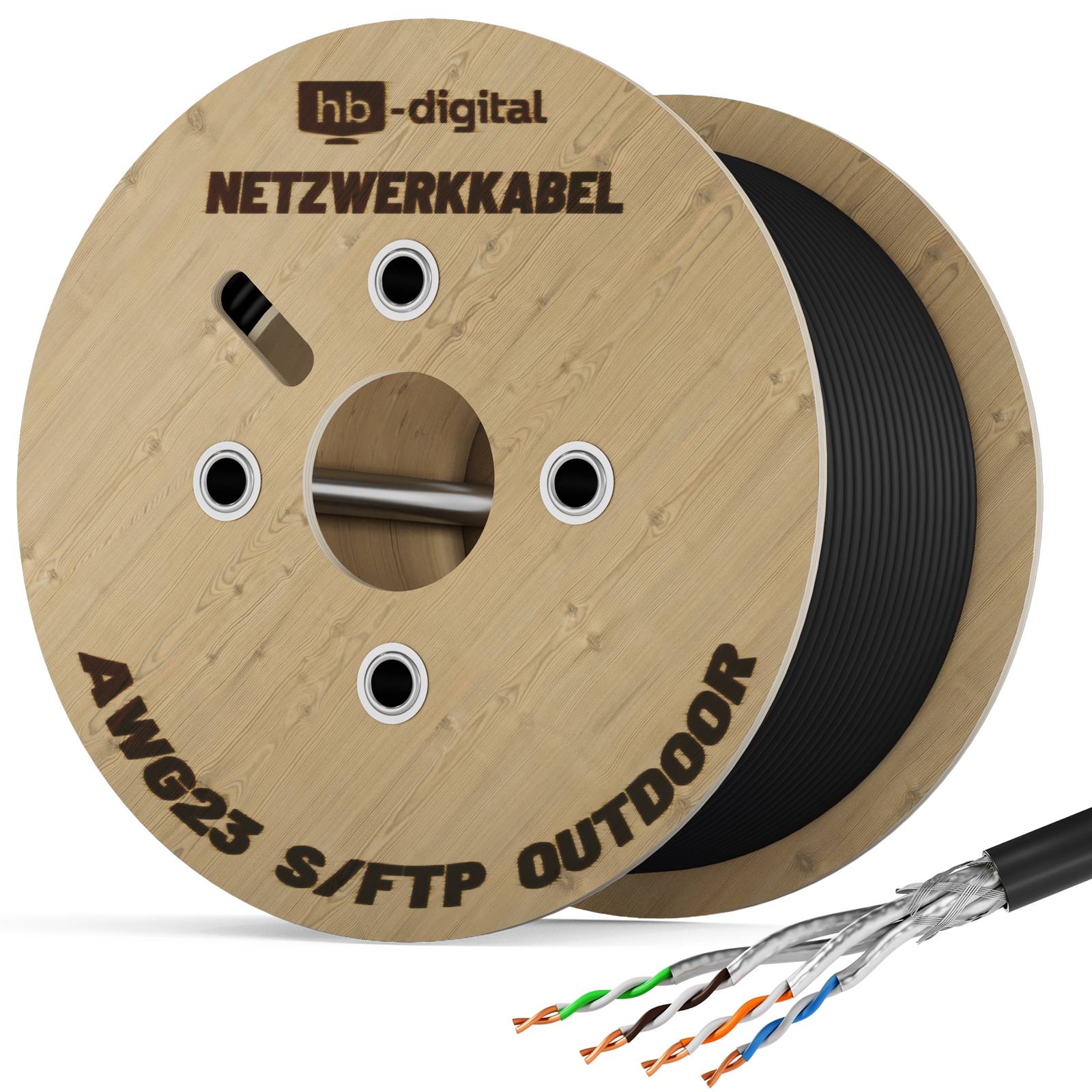 hb-digital CAT 7 Verlegekabel Outdoor 500m Installationskabel Außen S/FTP PE AWG23