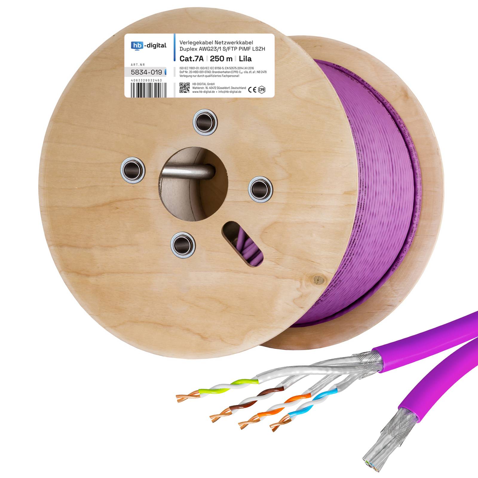 hb-digital CAT 7a Netzwerkkabel 250m Duplex Datenkabel max. 1200 MHz S/FTP AWG23 LSZH lila