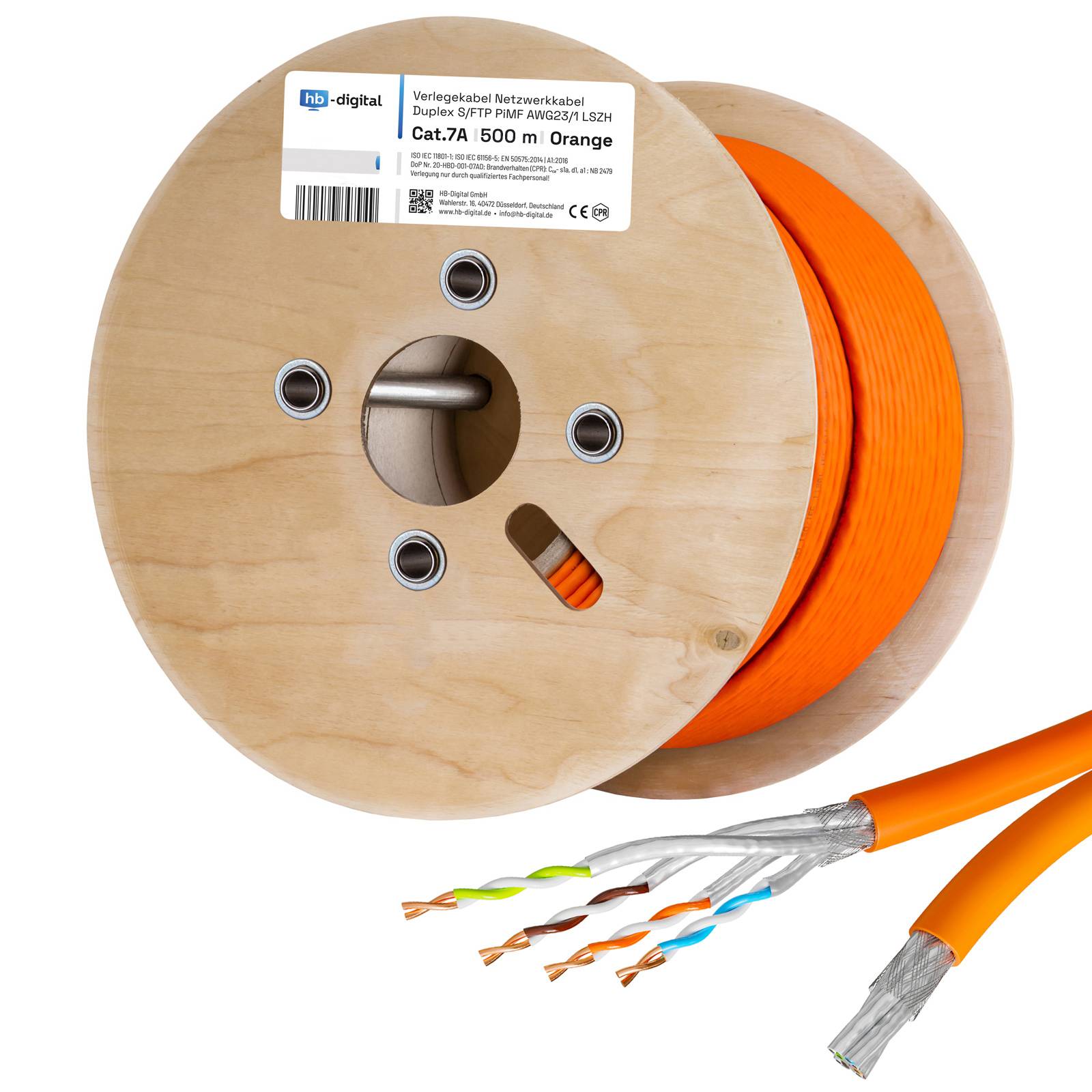 hb-digital Netzwerkkabel CAT 7a Duplex 500m Verlegekabel max. 1200 MHz S/FTP AWG23 LSZH orange