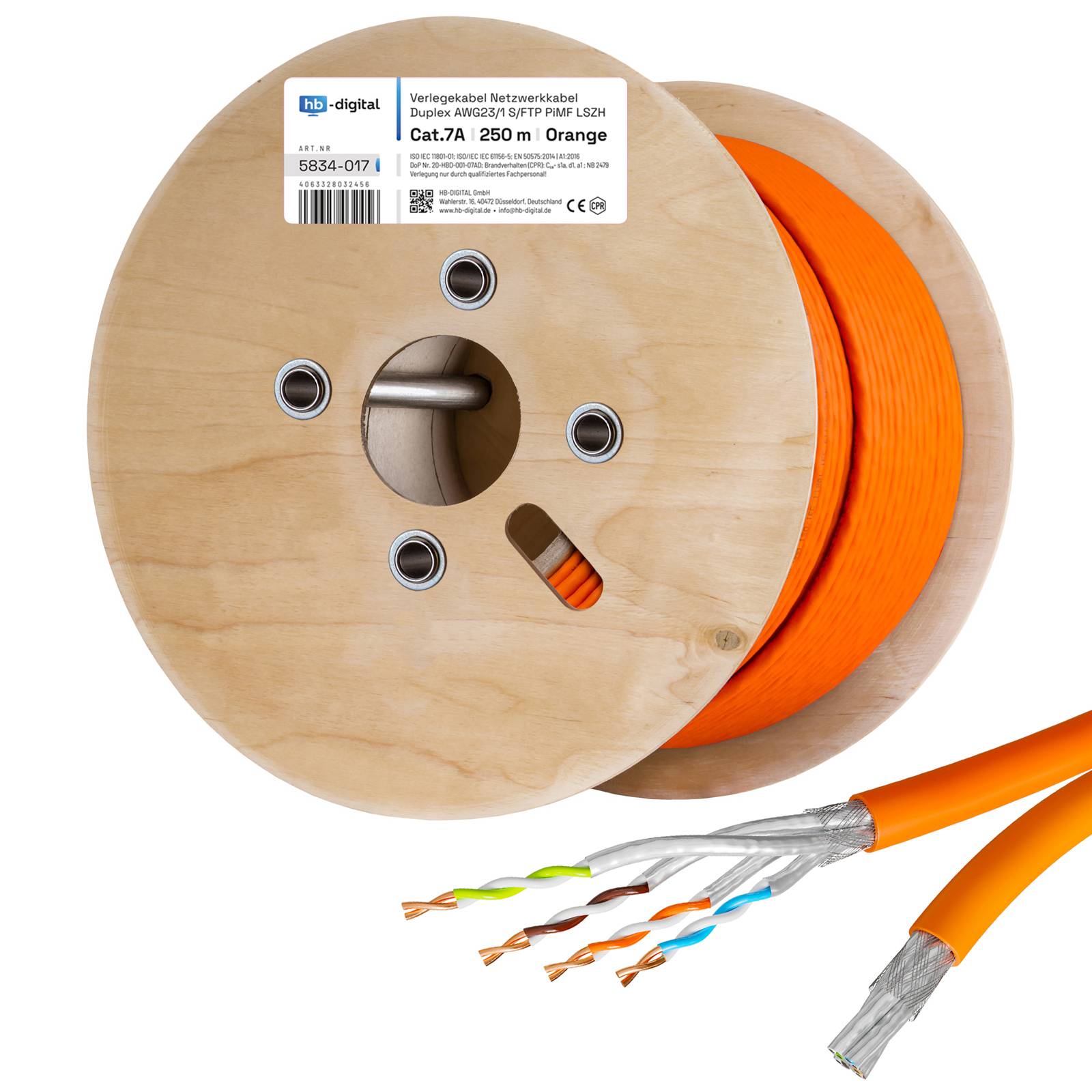 hb-digital CAT 7a Netzwerkkabel 250m Duplex Installationskabel max. 1200 MHz S/FTP AWG23 LSZH orange