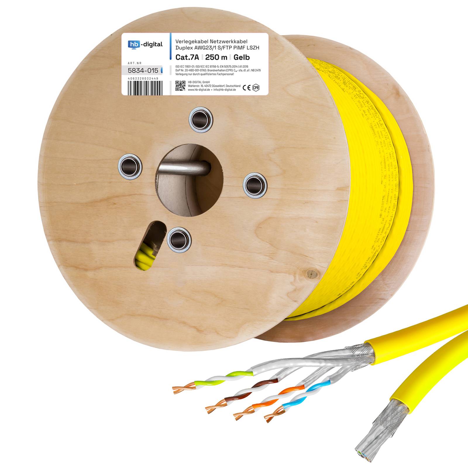 hb-digital Netzwerkkabel Duplex CAT 7a 250m Installationskabel max. 1200 MHz S/FTP LSZH gelb