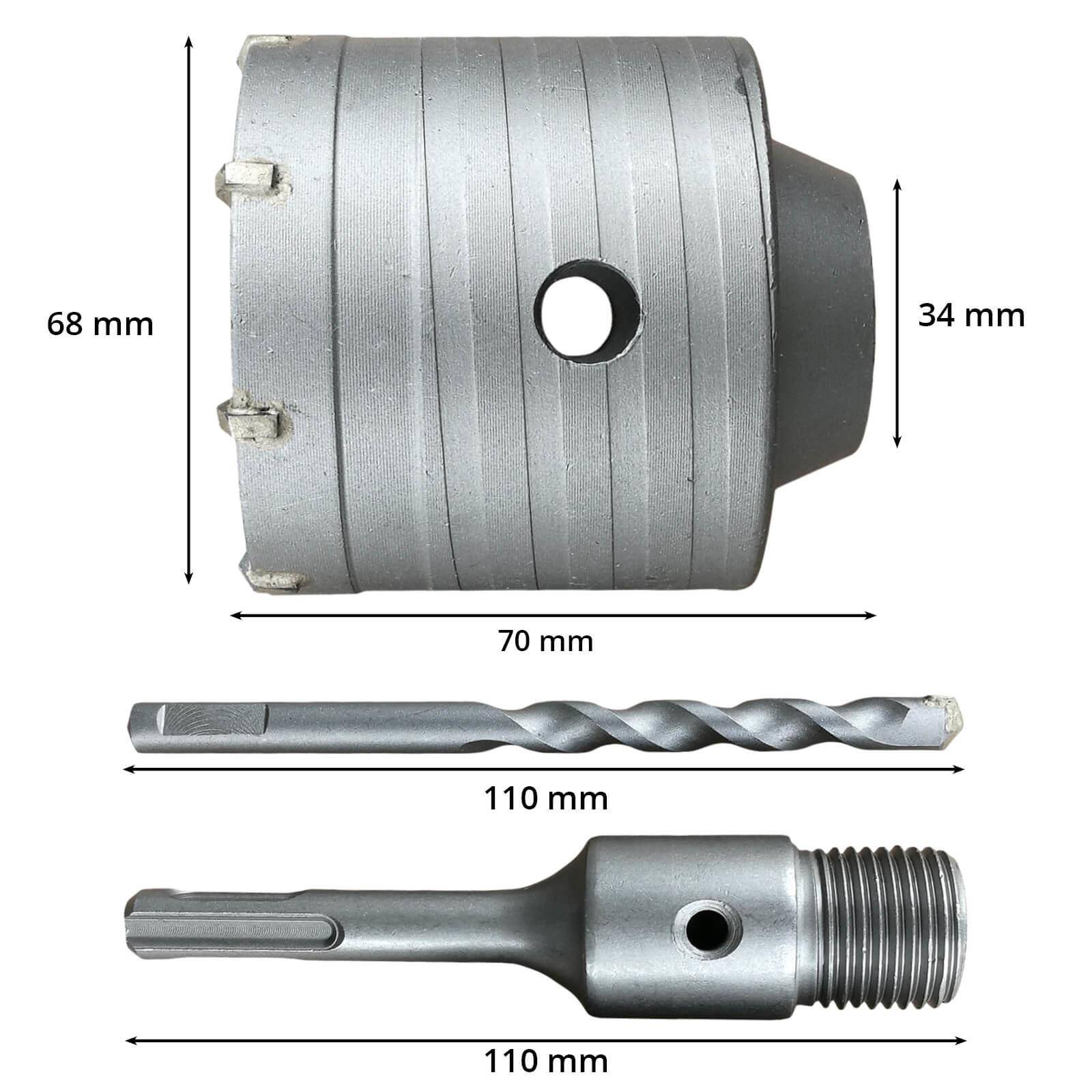 Diagramm eines Lochsägen-Sets: 70 mm Behälter, 68 mm Höhe, 34 mm Tiefe, 110 mm Bohrer und 110 mm Dorn mit Gewinde am Ende.