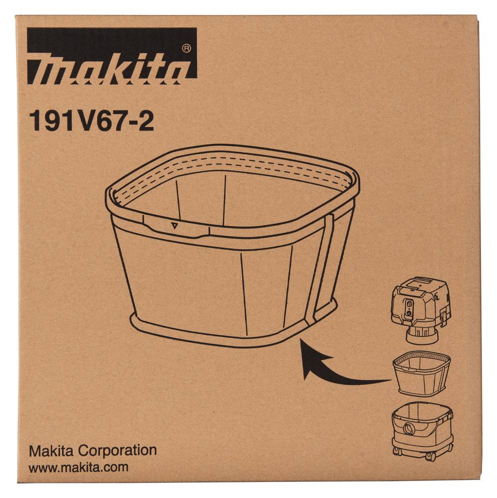Makita 191V67-2 Produktverpackung zeigt eine Illustation eines Sammelbehälters mit kleinen Diagrammen des kompatiblen Werkzeugs und der Behälterbefestigung.