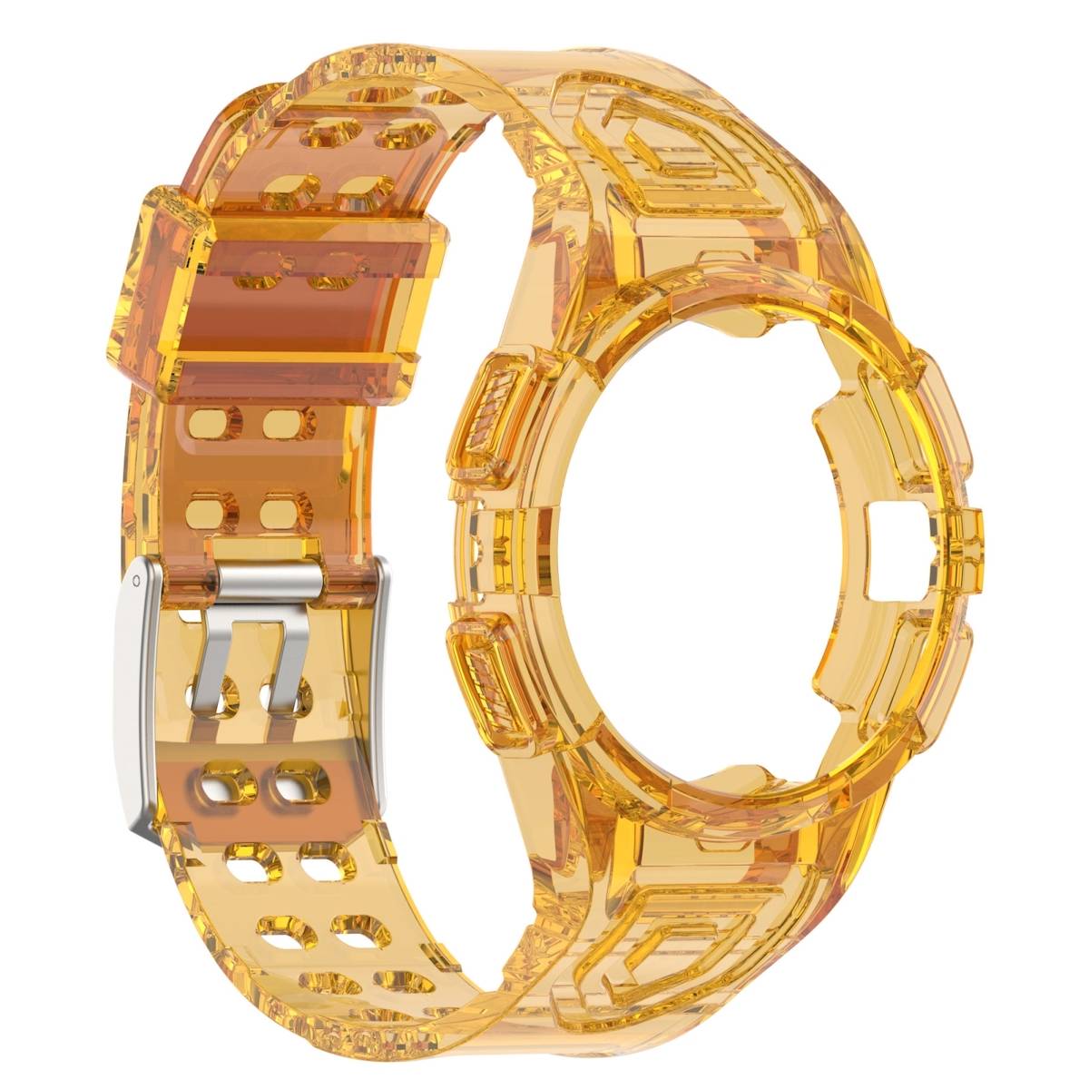 Für Samsung Galaxy Watch 5 44mm Silikon Uhrenarmband mit integriertem Gehäuse Transparent Orange Ersatz Armband Smart Uhr