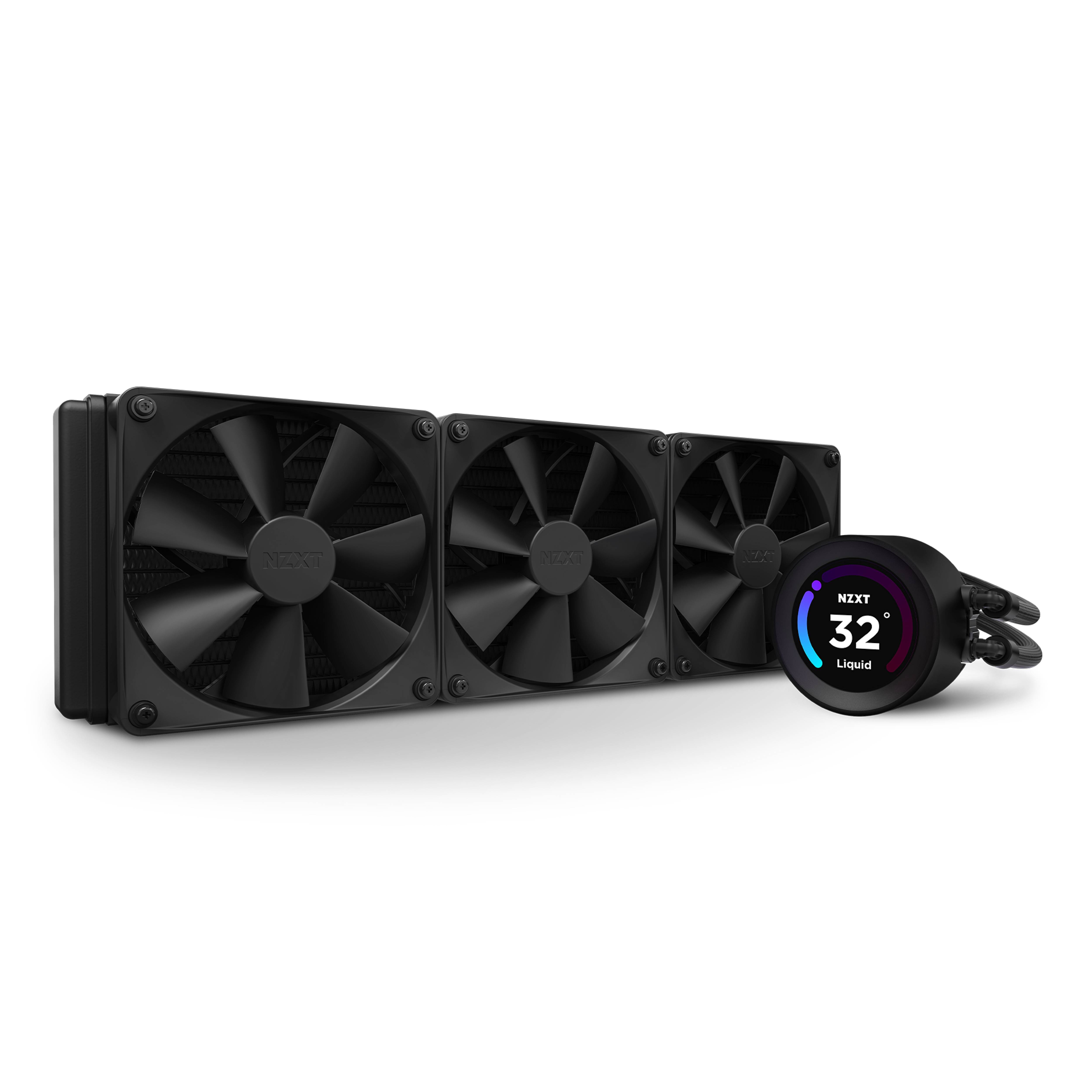 Schwarzer dreifach-Lüfter-Flüssig-CPU-Kühler mit rundem Pumpen-Display, das "NZXT 32 Liquid"" anzeigt, und angeschlossenen Schläuchen.