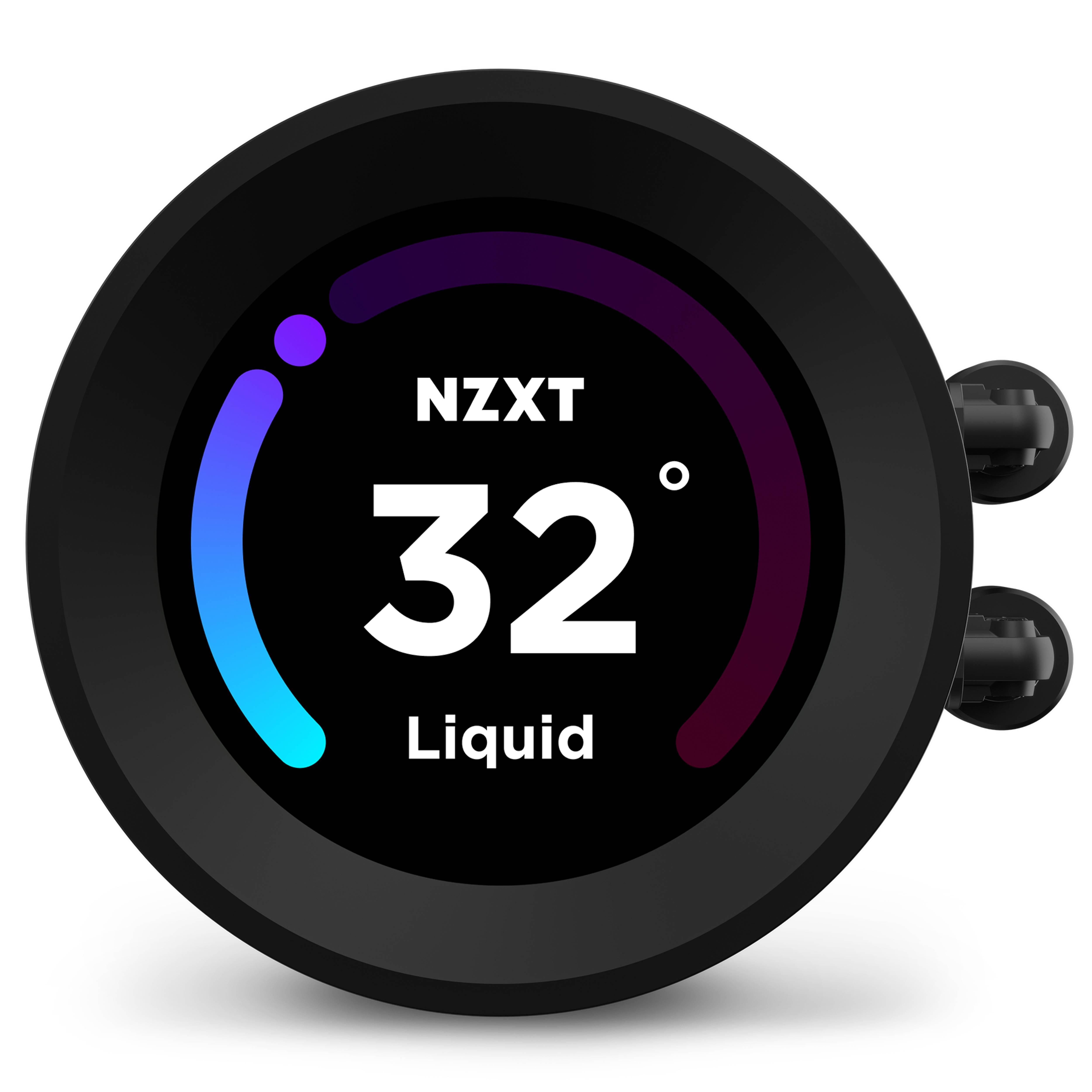 NZXT Flüssigkühler-Display zeigt 32° mit einem violett-zu-cyan-farbenen kreisförmigen Temperaturring an.
