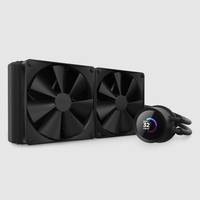 Schwarzes Flüssigkeits-CPU-Kühlerset mit Dual-Radiator-Lüftern und rundem RGB-Pumpen-Display, das 32°C anzeigt, auf hellem Hintergrund.