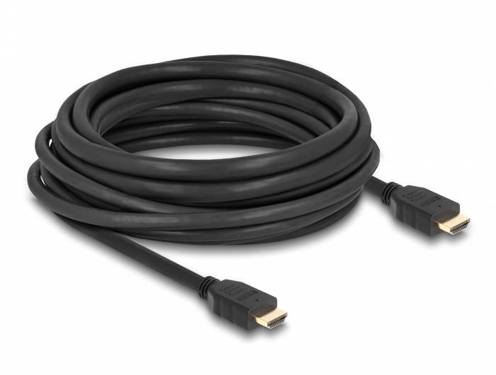 Aufgerolltes schwarzes HDMI-Kabel mit zwei HDMI-Steckern auf weißem Hintergrund.