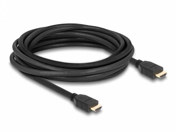 Aufgerolltes schwarzes HDMI-Kabel mit zwei männlichen Anschlüssen auf weißem Hintergrund.