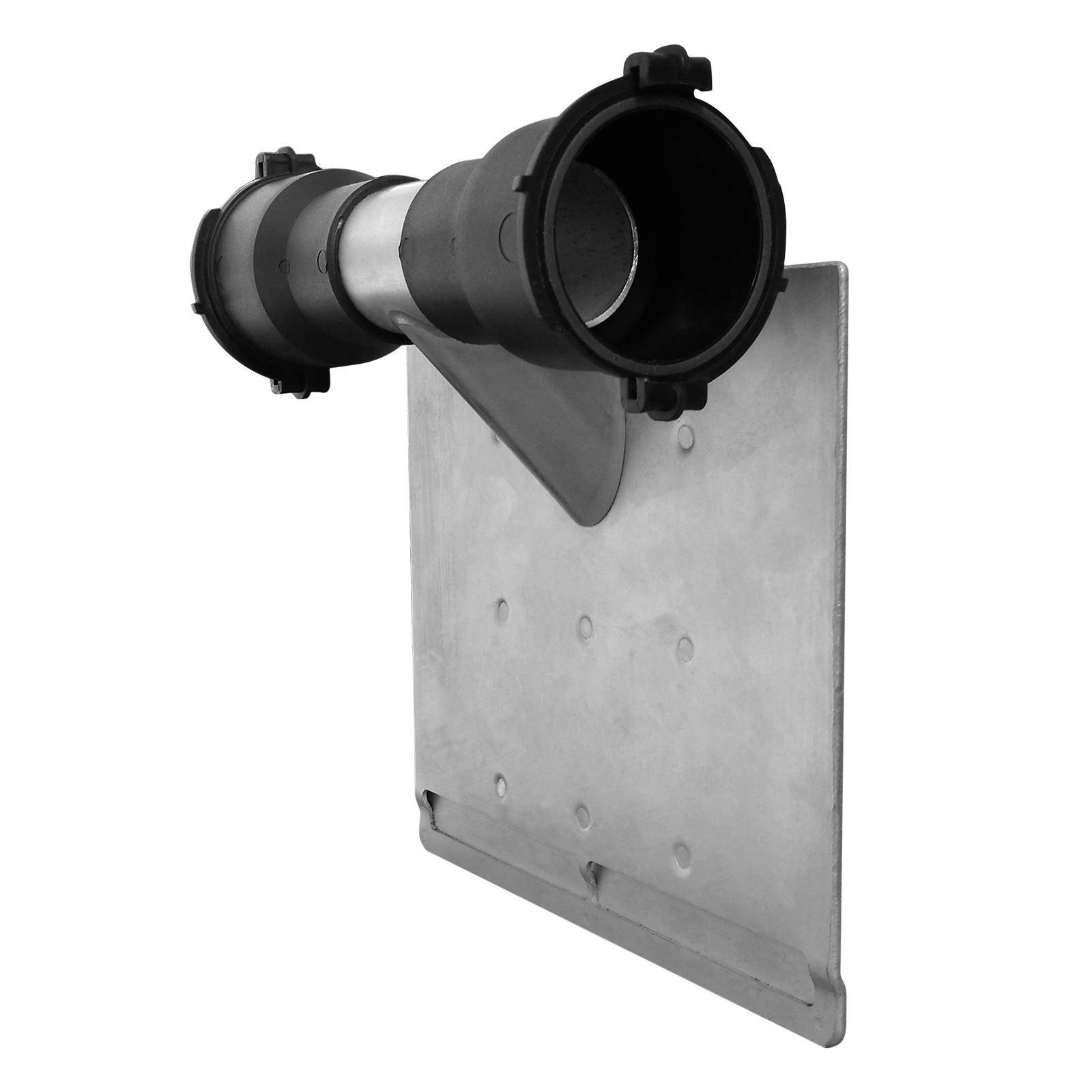 Schwarzer zylindrischer Rohrverbinder, der an einer rechteckigen Metallmontageplatte befestigt ist, dargestellt vor weißem Hintergrund.