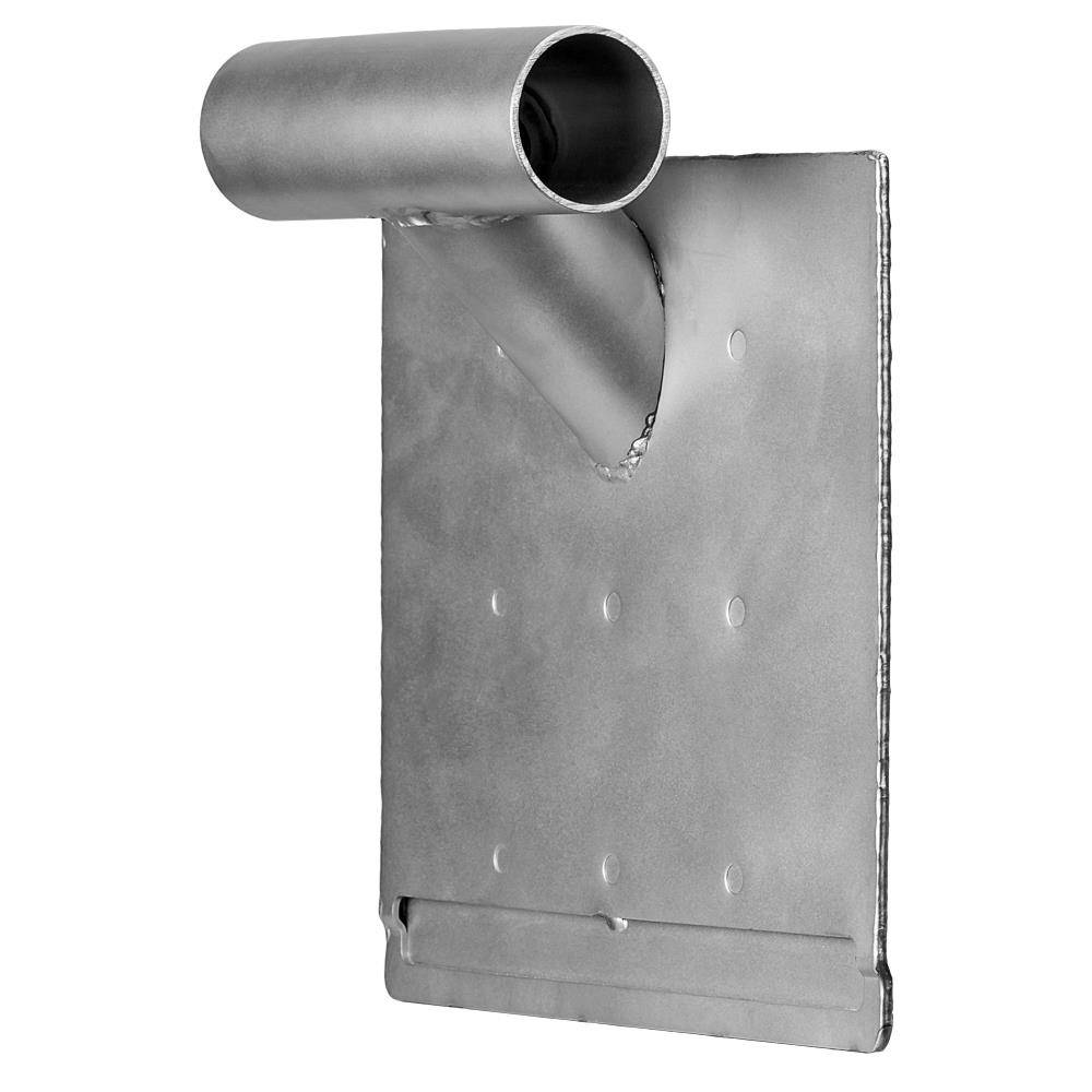 Metallwandhalter mit einer horizontal angebrachten zylindrischen Rohrhalterung, die an einer flachen rechteckigen Platte angeschweißt ist, dargestellt vor einem schlichten Hintergrund.