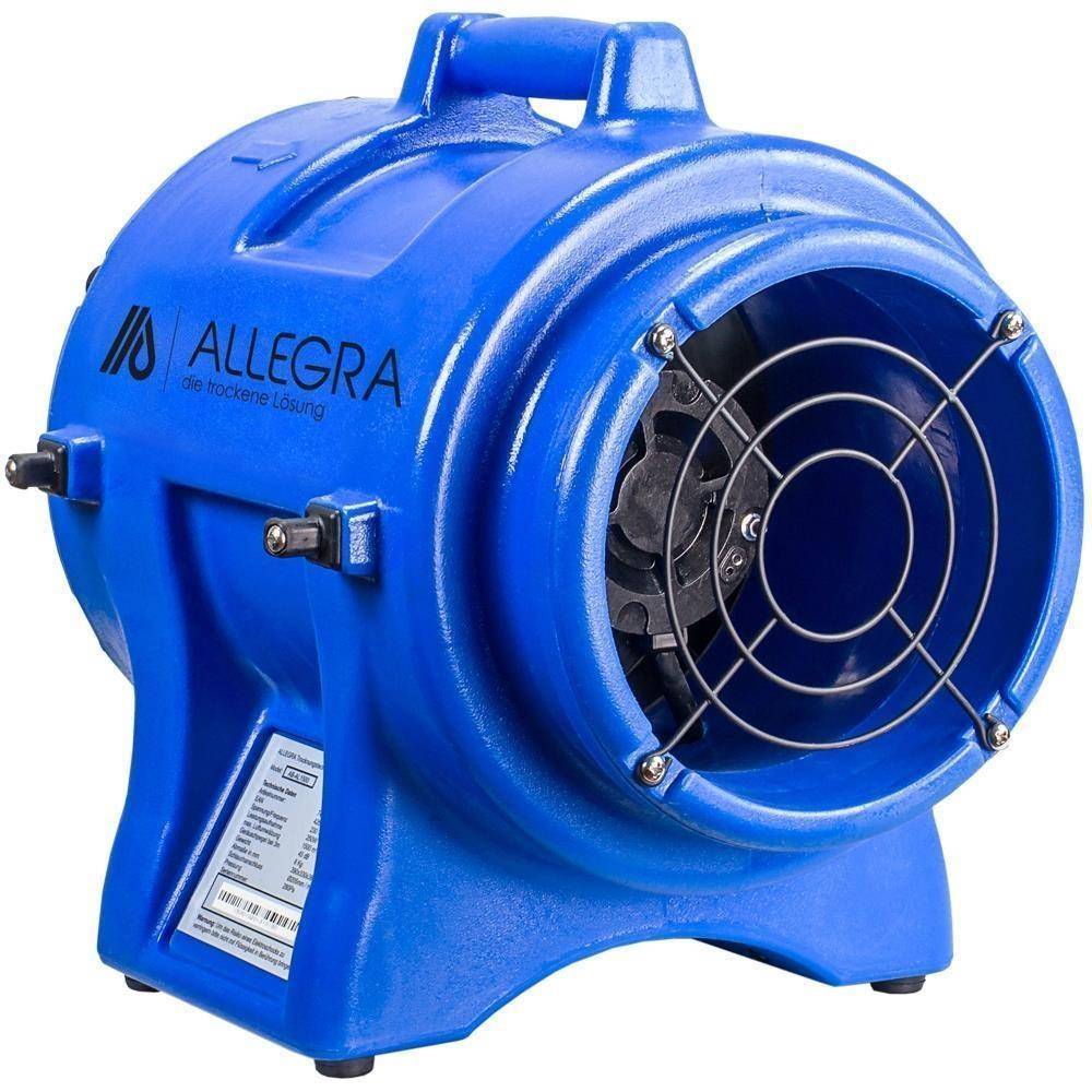 Blauer Allegra Industrielüfter mit vorderer Schutzgitter und Griff, shown on a white background.