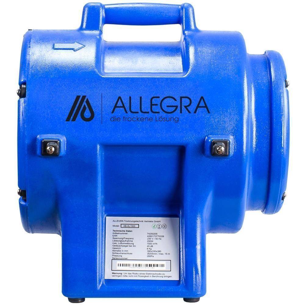 Blaue industrielle Allegra-Einheit mit Griff oben, Seitenpfeil und Produktetikett auf der Vorderseite, vor einem weißen Hintergrund gezeigt.