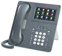 Schwarzes Schreibtischtelefon mit Hörer, Tastatur und kleinem farbigem Touchscreen mit App-Symbolen.