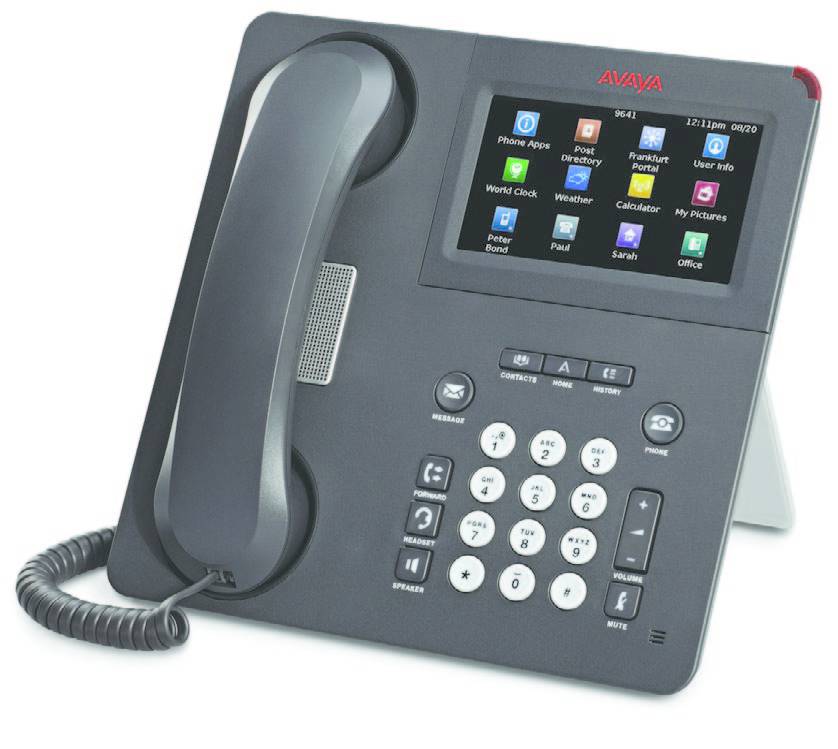 Graues Avaya-Schreibtischtelefon mit Hörer, Tastatur und Touchscreen mit App-Symbolen.