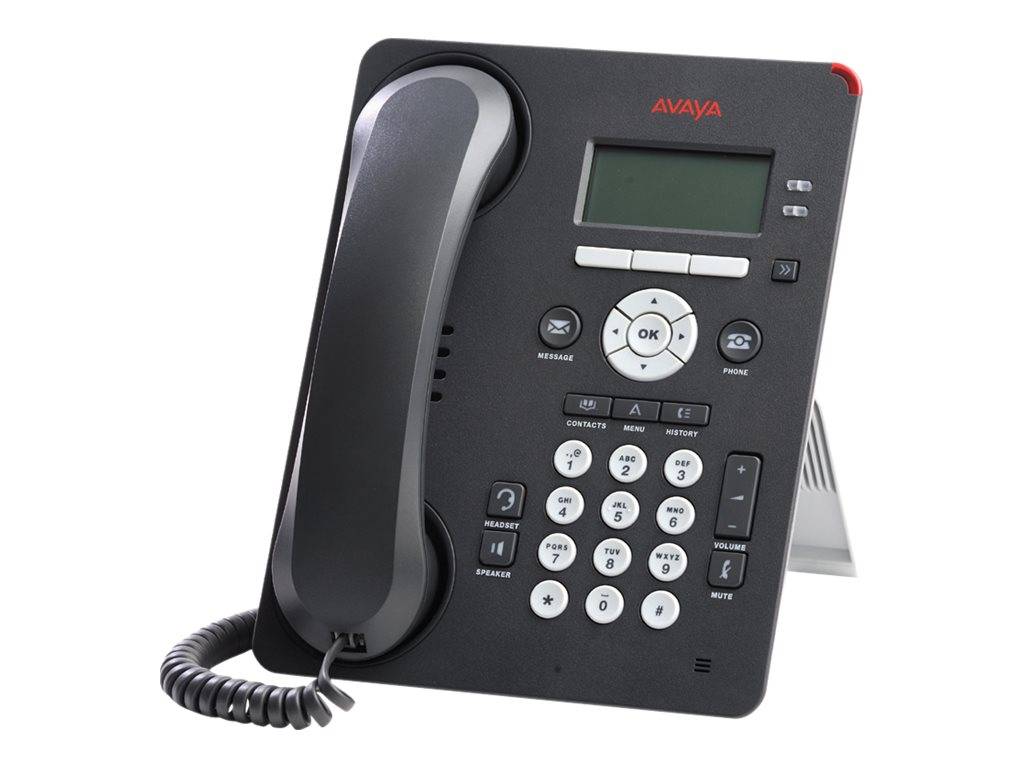 Schwarzes Avaya-Schreibtischtelefon mit Hörer, Anzeigebildschirm, Tastenfeld und Anrufsteuerung auf einem Ständer.
