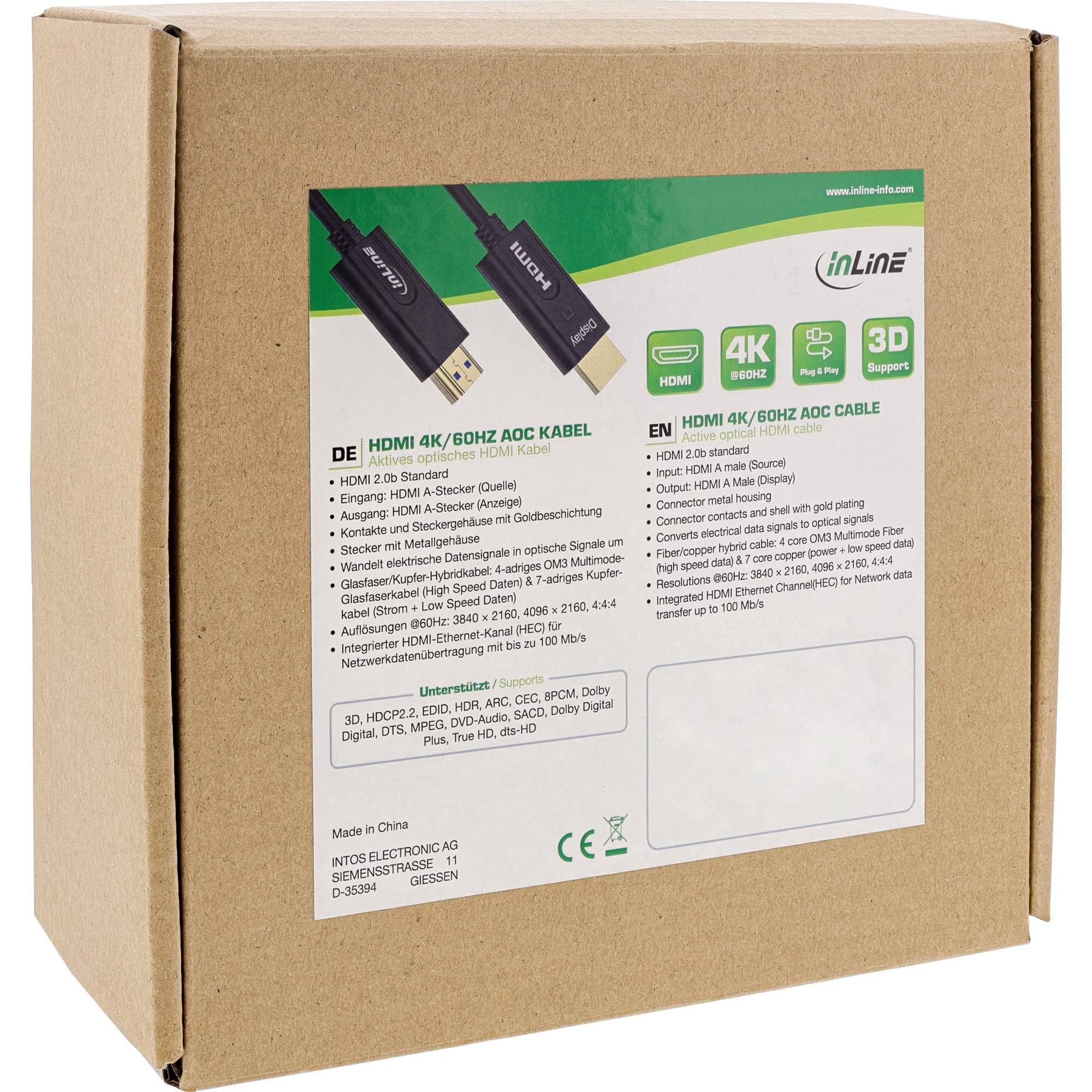 INLINE - HDMI AOC Kabel - High Speed HDMI mit Ethernet 4K/60Hz Stecker/Stecker 50m