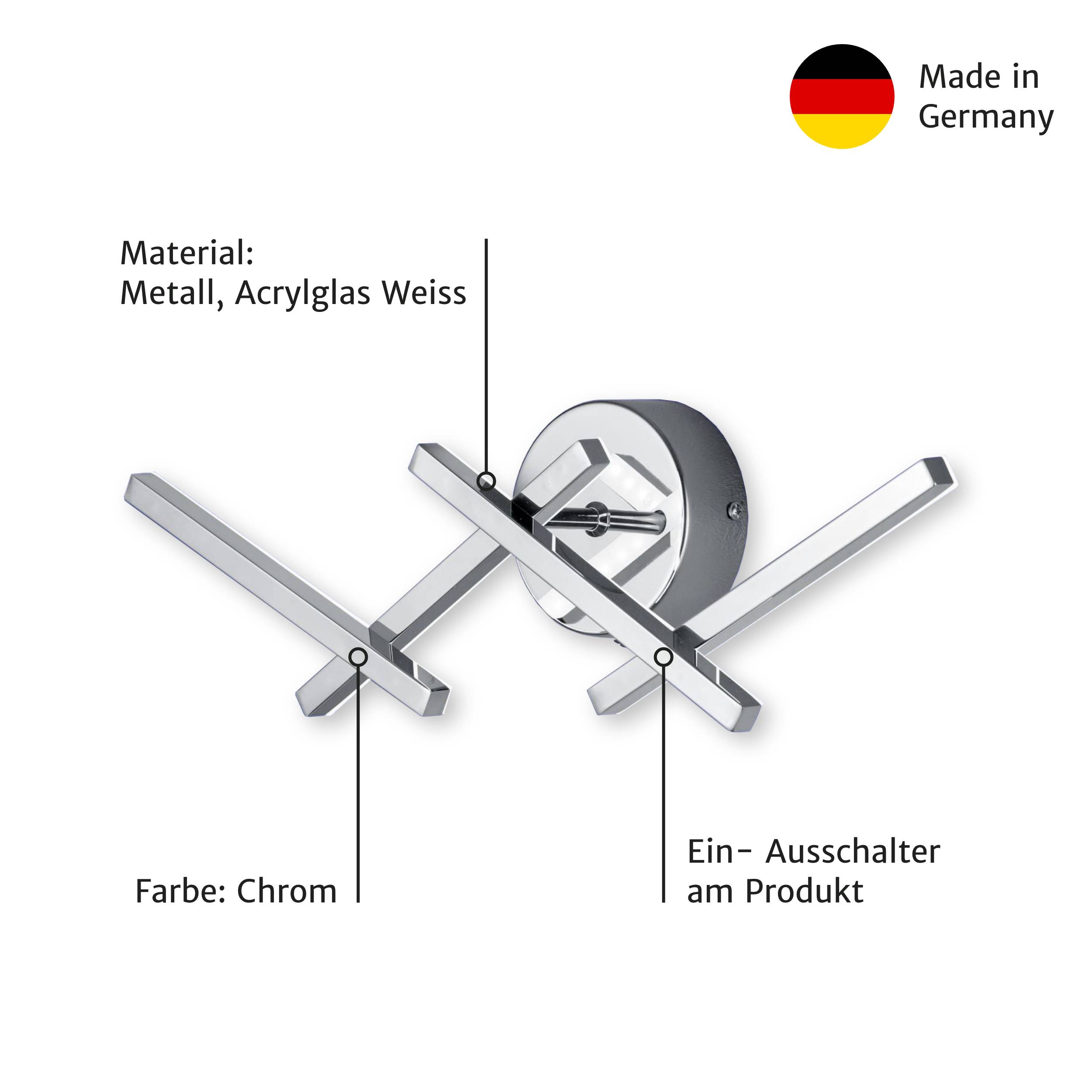 Deutsche LED Wandleuchte 16W/230V Chrom Metall 1400lm Warmweiß 11,5x44cm