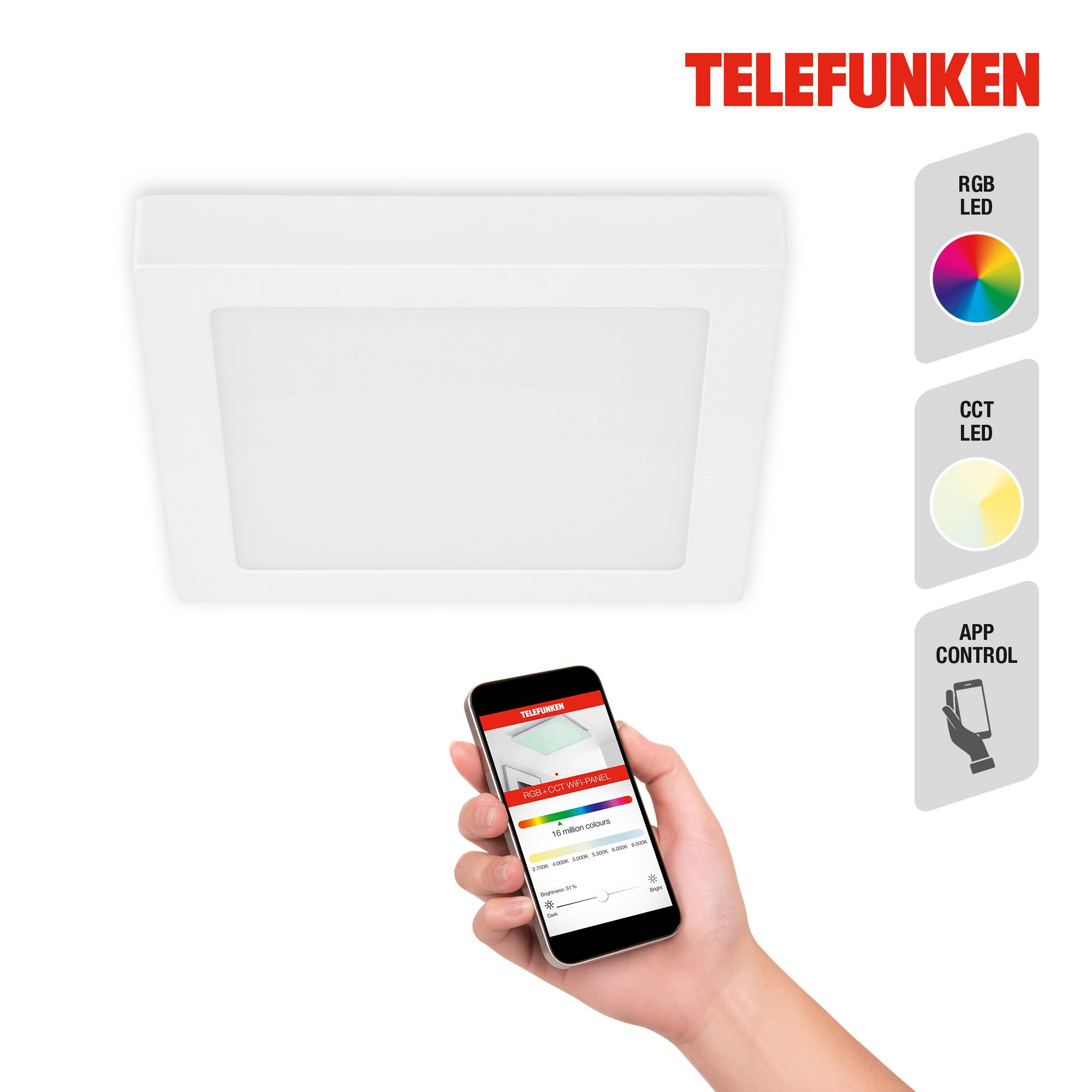 Telefunken LED Deckenleuchte WiFi Appsteuerung RGB CCT Eckig Dimmbar Weiss