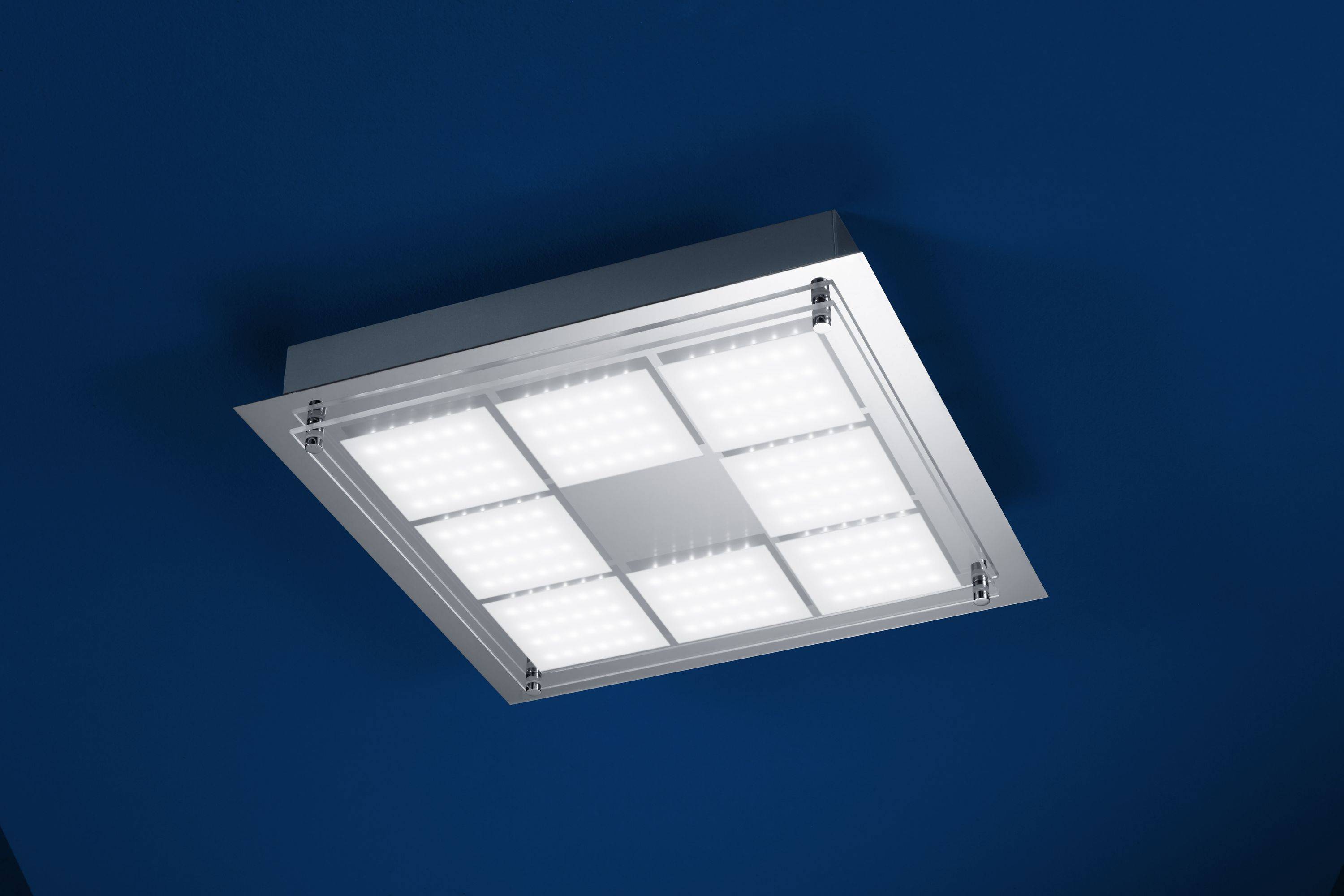 Deutsche LED Deckenleuchte 40W/230V Chrom Metall Glas 3150lm Dimmbar 37x37x5cm